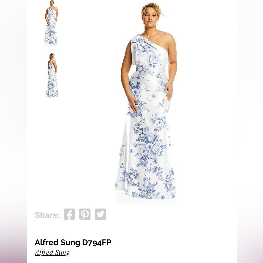 Blue and white floral Alfred sung floor length gown